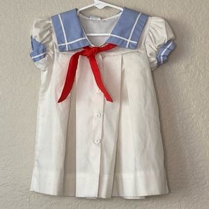 Bryan Vintage Sailor Dress w/Cap Sleeves Red Bow Button Down Closure Pleated